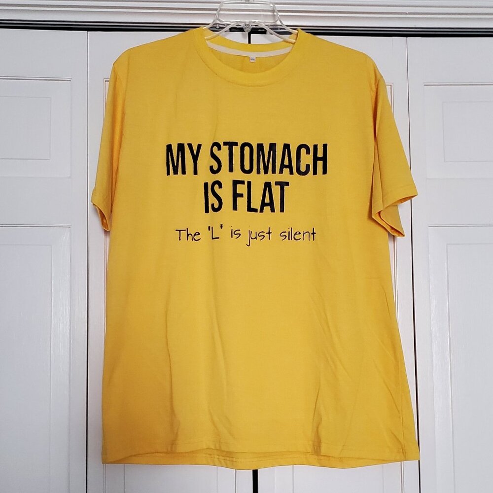 Men's Novelty T-shirt Yellow My Stomach is Flat (the "l" is just silent) XXL